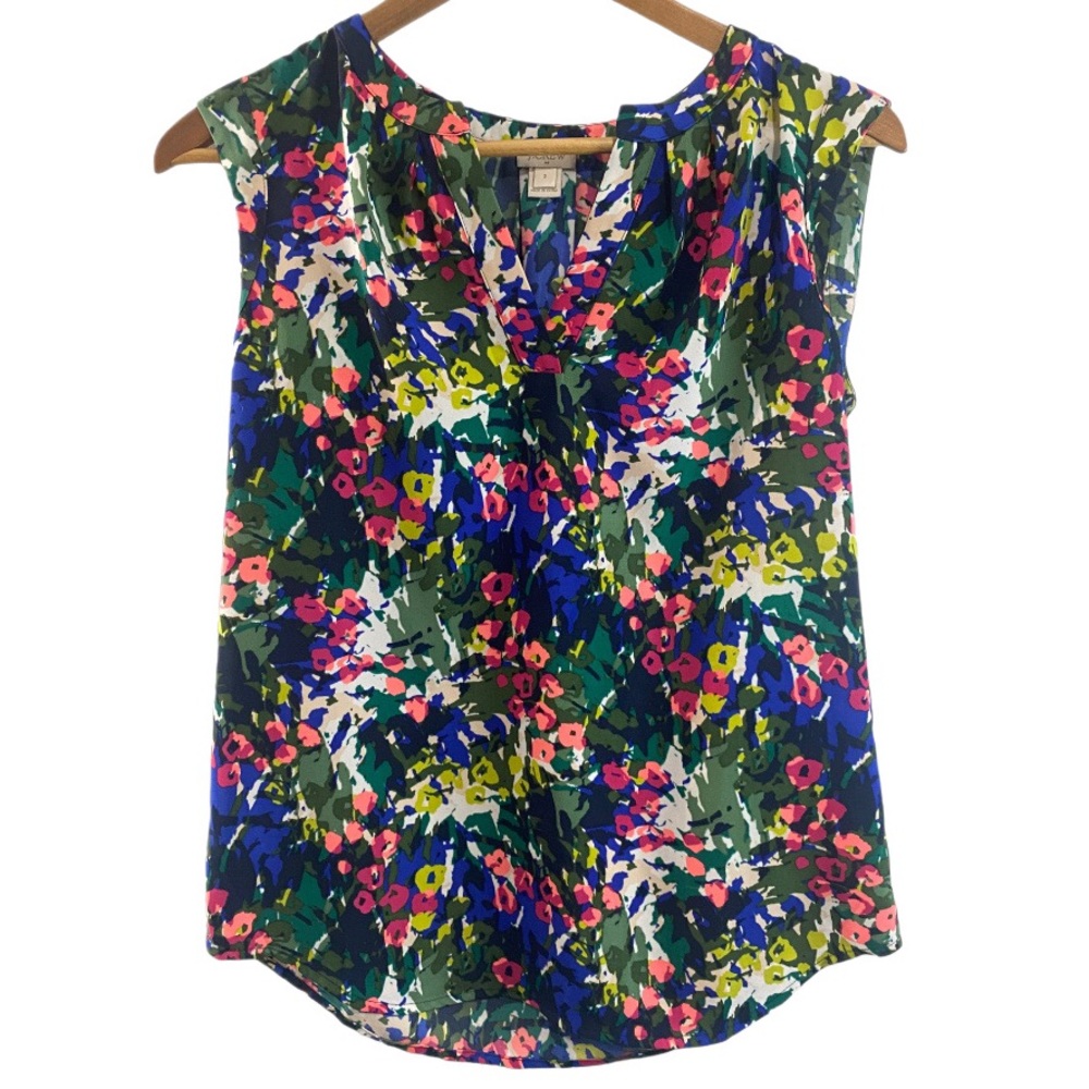 J. Crew Split Neck Drapey Chiffon Watercolor Woodland Floral Top Women’s Size 2